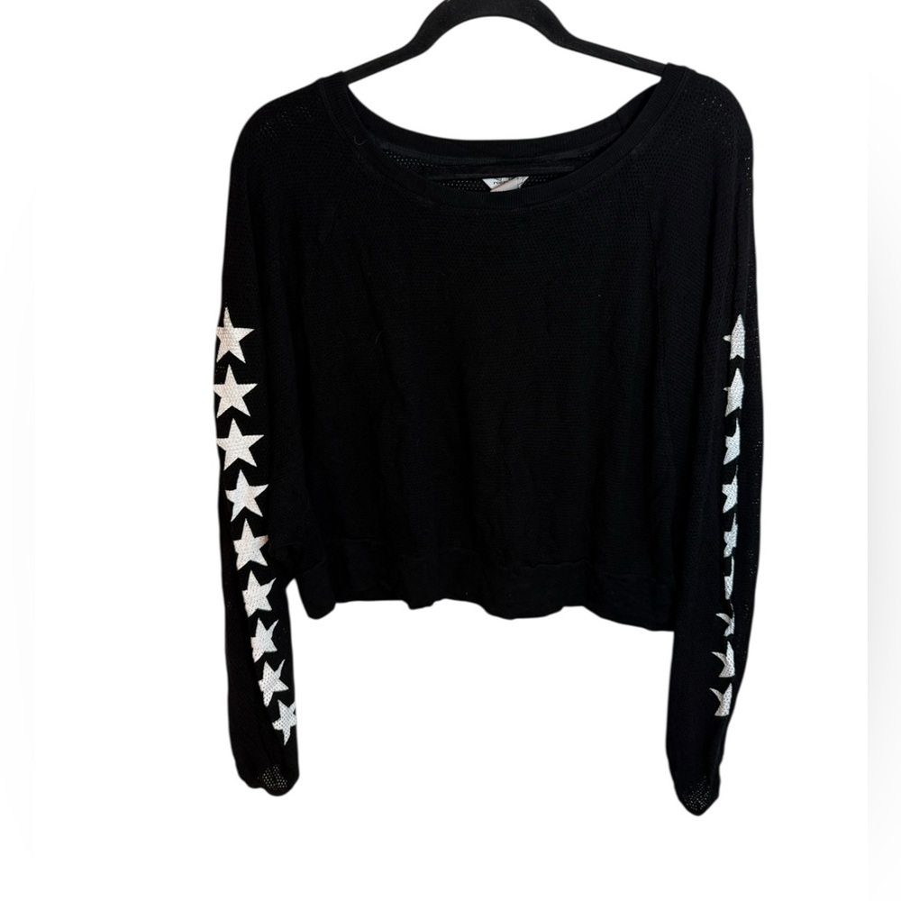 Hard Tail Black Scoop-Neck Sweater with White Star Sleeve Accents